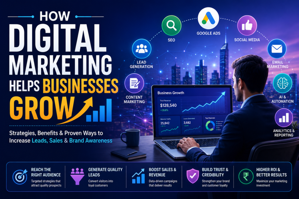 Business growth through digital marketing using SEO, social media marketing, Google Ads, analytics, and content marketing strategies.